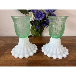 Vintage Green Satin Glass Candle Holders Milk Glass Hobnail Base Basket Weave